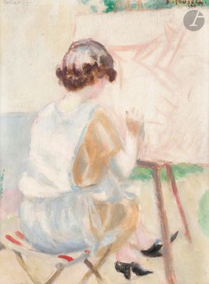 an image of a painting of a woman sitting in front of a painting easel