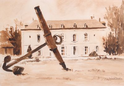 a painting of an anchor on the ground in front of a house