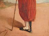 painting of a woman in a red dress and hat with a cane