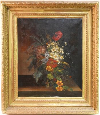 an oil painting of flowers in a vase on a table