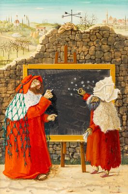 tableau représentant deux personnes debout devant un tableau noir sur lequel sont écrites des phrases à la craie