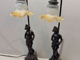 pair of antique bronze table lamps with glass lampshads