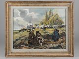 an oil painting of a group of people in front of a church