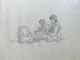 dessin au crayon représentant trois personnes assises par terre, dont une assise par terre et une autre assise par terre