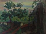 une peinture à l'huile représentant un cheval tirant une calèche sur une route