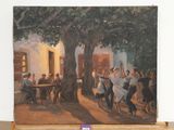 a painting of a group of people dancing under a tree