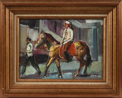 painting of a man riding a horse on a street with another man walking behind him