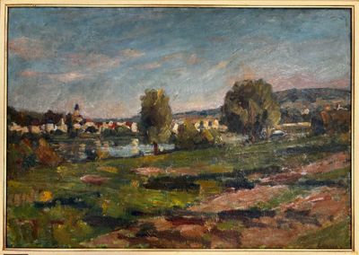 painting of a landscape with a river in the foreground and houses in the distance