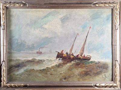 l'image d'une peinture représentant un bateau dans un plan d'eau