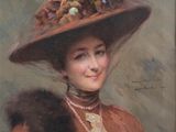 painting of a woman in a large hat with a fur stoler