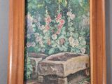 an oil painting of a garden scene with a bench and flowers