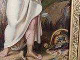 a painting of a woman holding a bird in her hand