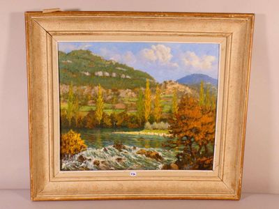 a picture of a painting of a river in the mountains