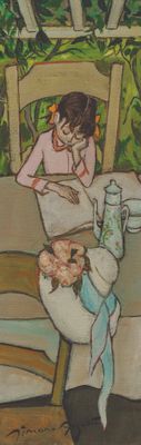 un tableau représentant une femme assise à une table en train de lire un livre