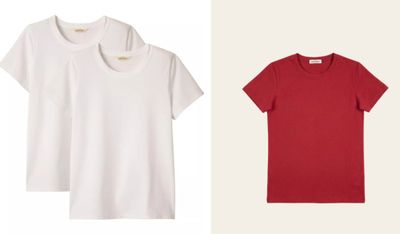 Deux t-shirts, un blanc et un rouge, sont placés l'un à côté de l'autre