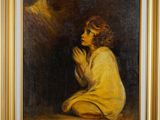 an oil painting of a young boy kneeling on the ground with his hands clasped in prayer