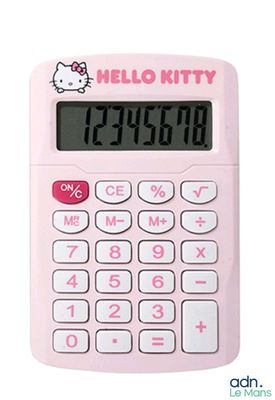 une calculatrice rose avec Hello Kitty, présentée sur un fond blanc