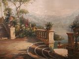 a painting of a view of a lake from a balcony