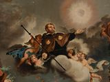 an image of a painting of a man on a cloud surrounded by angels