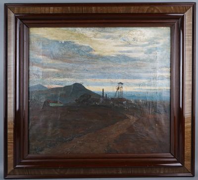 a painting of a landscape with a mountain in the background