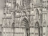 a black and white drawing of a cathedral with people walking around it