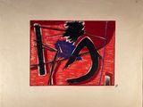 une photo d'un tableau représentant une femme sur fond rouge