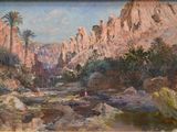 an oil painting of a mountain scene with a river in the foreground