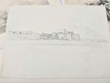 several drawings of buildings and mountains are shown on a sheet of paper