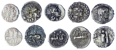 six different types of ancient coins are shown on a white background
