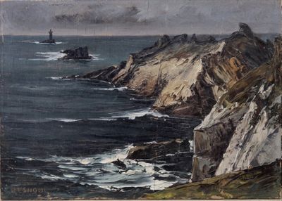 peinture représentant un phare sur une côte rocheuse au bord de l'océan
