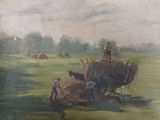 a painting of a man standing on top of a pile of hay
