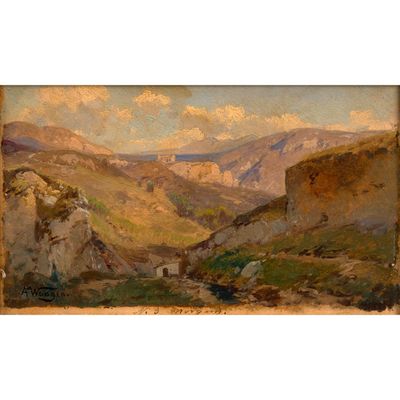 une image d'une peinture représentant une scène de montagne avec une rivière au premier plan