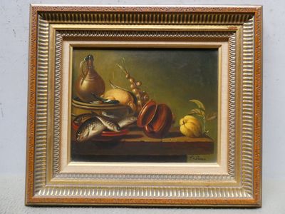 SIMON F. - XXe - "Nature morte aux poissons" - panneau - 22x…