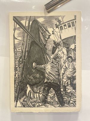 a drawing of a man on a boat with a fish net