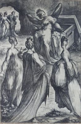 a black and white drawing of a woman carrying a cross