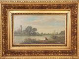 une peinture à l'huile représentant une scène de rivière avec un bateau au premier plan