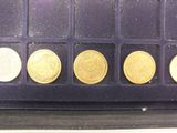 six different types of gold coins are in a display case