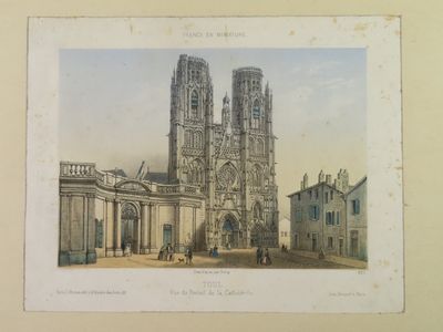an old picture of a cathedral with a clock tower in the background