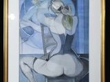painting of a woman sitting on a chair in a blue room