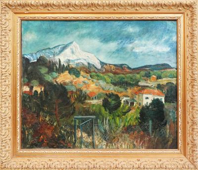 une peinture à l'huile représentant un paysage de montagne avec une maison au premier plan
