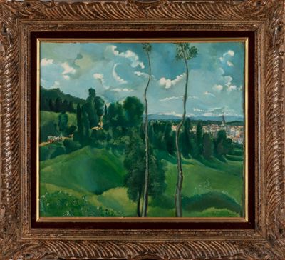 peinture d'un paysage avec des arbres et des collines en arrière-plan