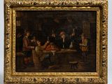 an oil painting of a group of people sitting around a table