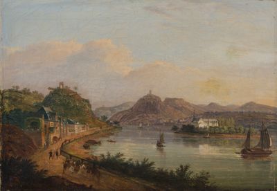 painting of a view of a river with a castle in the distance