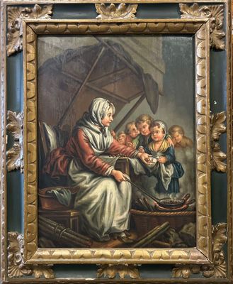 un vieux tableau représentant une femme assise devant un groupe d'enfants