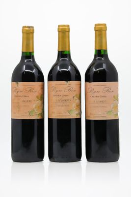 trois bouteilles de vin posées les unes à côté des autres sur une surface blanche