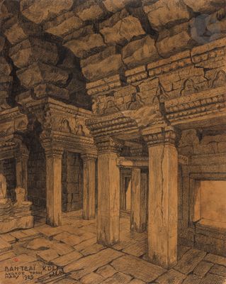 une image représentant un dessin d'un bâtiment en pierre avec des colonnes