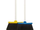 a close up of two black and yellow brooms on a white background