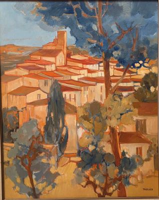 an image of a painting of a village with trees in the foreground