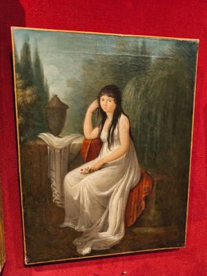 un tableau représentant une femme en robe blanche, assise sur une chaise rouge