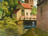 painting of a man in a boat on a river next to a building